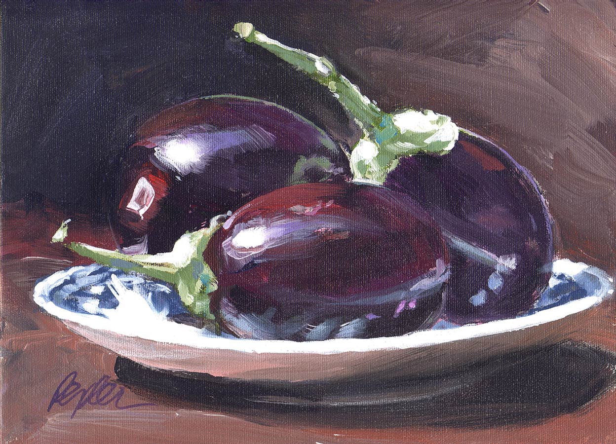 Mini Eggplants on Blue & White - Studio Susan Pepler