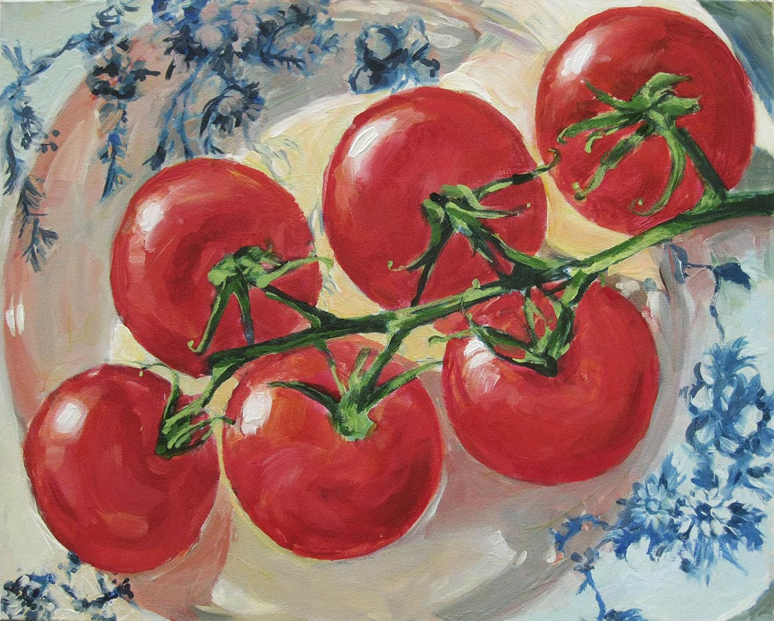 Sunlit Tomatoes on Blue & White - Painting by Susan Pepler