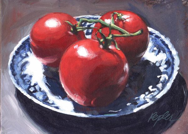 Three Tomatoes on Blue & White Studio Susan Pepler