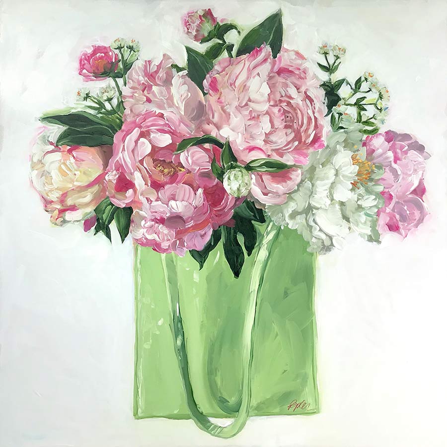 Painting by Susan Pepler lime green purse with peonies