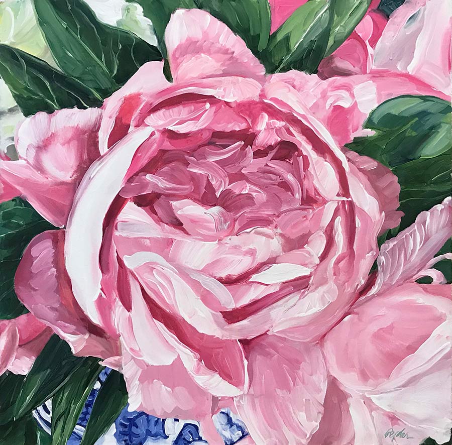 Pink Peony with Blue & White 30”x30" by Susan Pepler